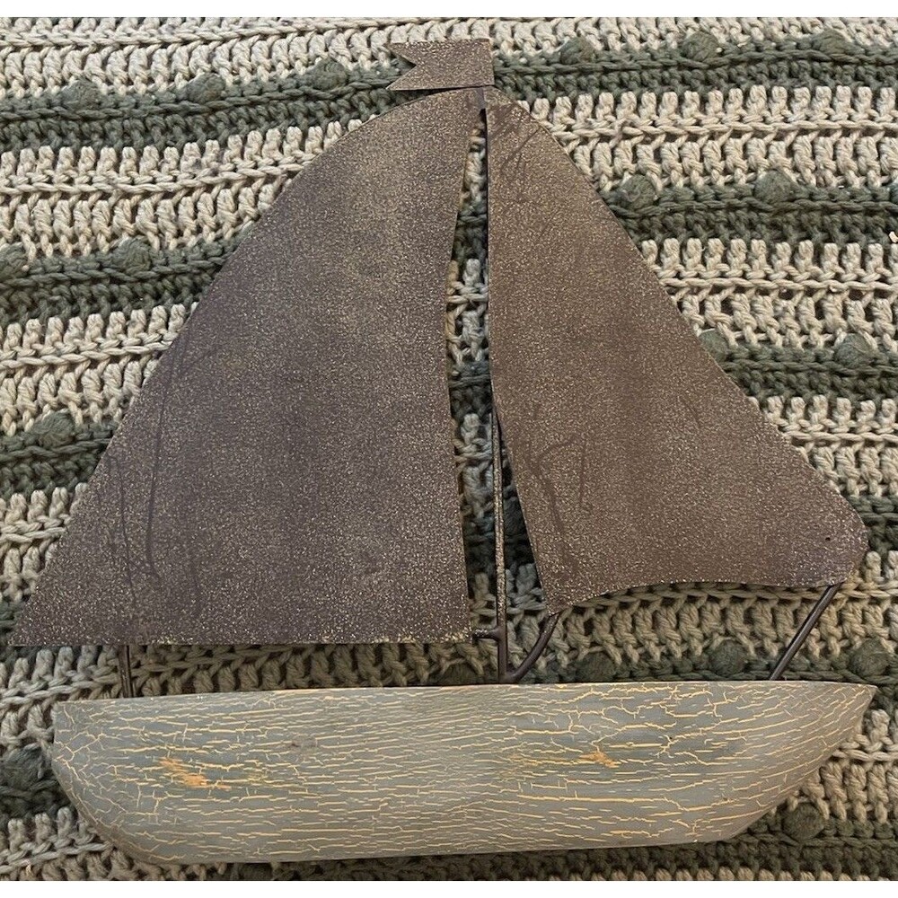 Sailboat Decorative Piece Metal and Wood 12.5 in x 13 in